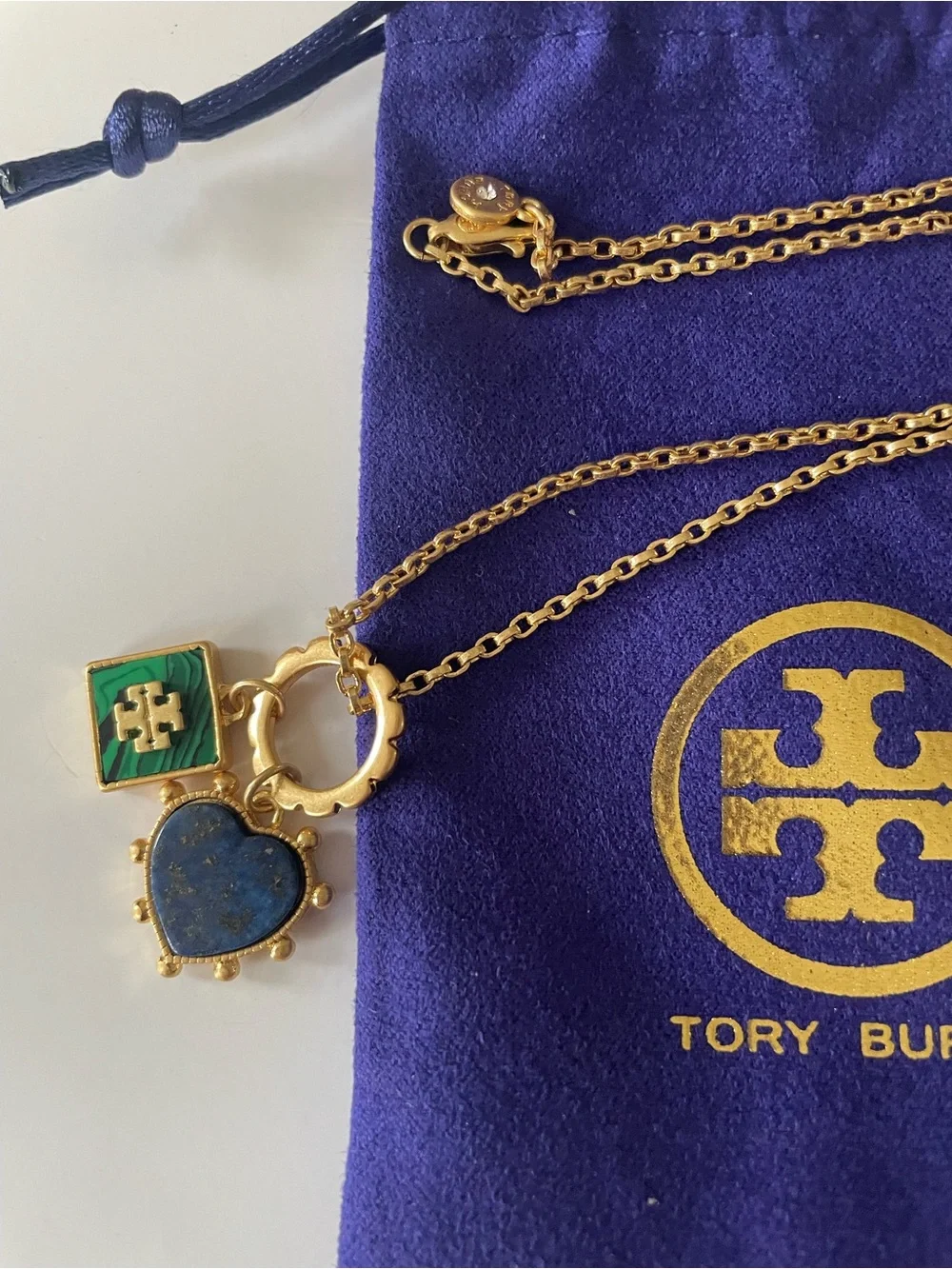 Tory Burch Gold Necklace with Blue Heart and Green Enamel Square Charms